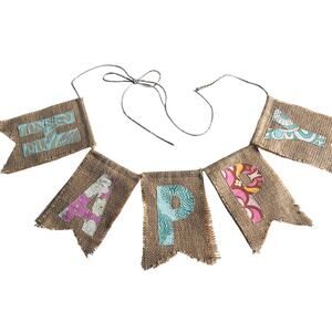 "Happy" Burlap Embroidered Decorative Banner Amy Butler Fabric Handmade Nursery